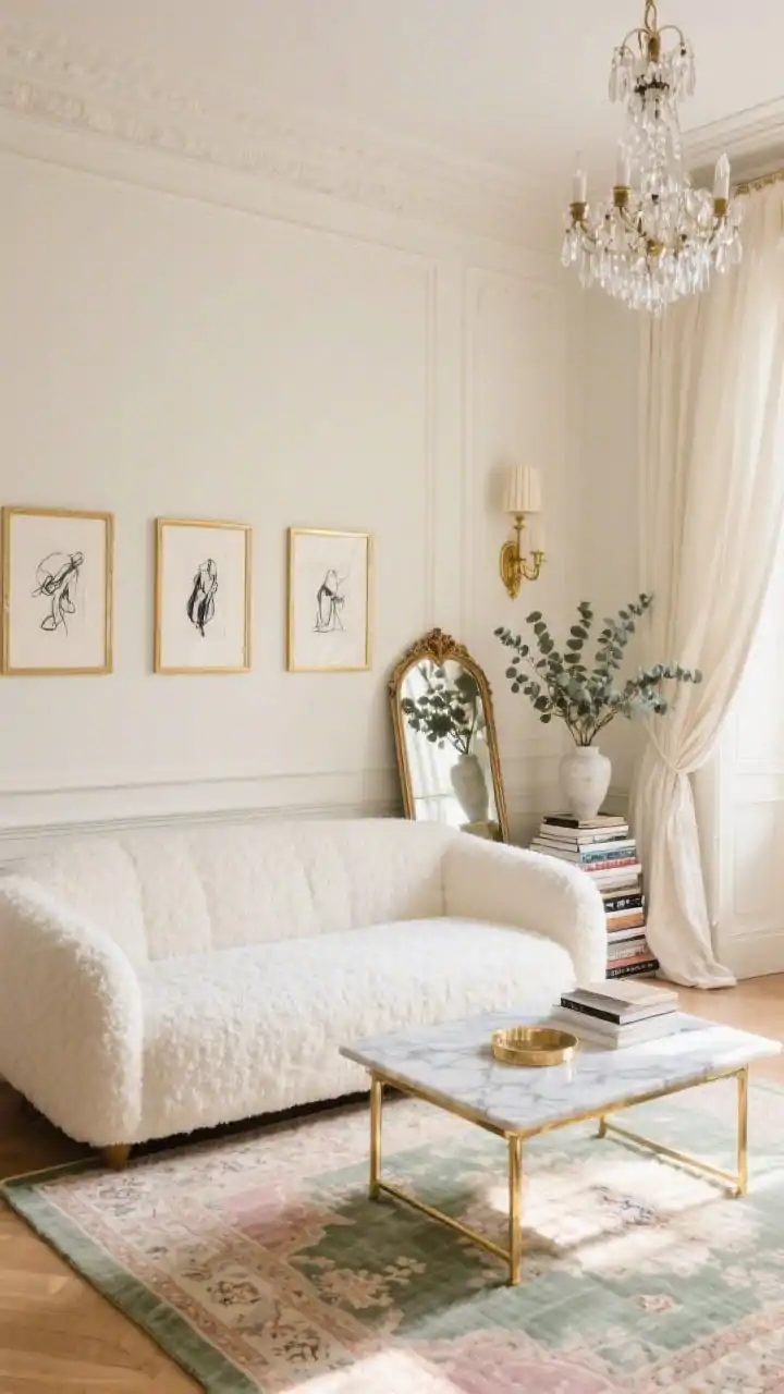 Wide shot, Parisian Cream & Gilded Classic living room: sunlit soft cream walls with subtle panel molding, a plush ivory bouclé sofa centered on a vintage-inspired Persian rug with muted blush and sage threads; a slim brass-and-marble coffee table reflects light from an oversized antique mirror leaning casually against the wall; fluted gilt sconces and a delicate crystal chandelier provide warm glints; linen curtains puddle slightly at the floor; a trio of black-and-white sketches in skinny gold frames above; styling includes a stack of art books and a tall vase of eucalyptus; palette of cream, ivory, blush, sage, antique gold; textures of bouclé, linen, marble, aged brass; photorealistic, straight-on perspective in soft natural daylight.