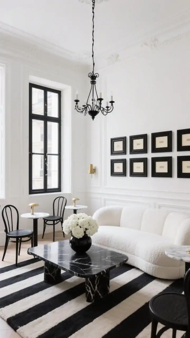 Wide shot, Parisian Monochrome Classic: A high-ceilinged living room with crisp white walls featuring simple wainscoting and sleek black window frames, anchored by a curved white bouclé sofa facing a black marble coffee table; a vintage-inspired muted black-and-white striped rug underfoot; a gallery wall of black frames with cream mats; petite black spindle chairs and marble-top bistro side tables; brass picture lights and a delicate black chandelier overhead; a sculptural vase of white hydrangeas on the table; palette of crisp white, inky black, and soft cream; soft daylight filtering through tall windows; photorealistic.