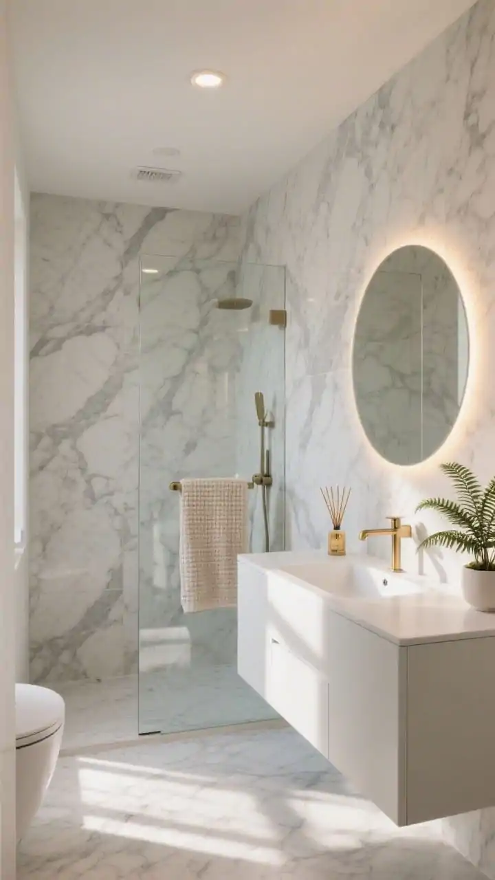 Wide shot, photorealistic: A sunlit small bathroom designed as a spa with floor-to-ceiling marble-effect porcelain slabs featuring soft gray veining flowing upward, a matte white floating vanity with integrated sink and slim brass hardware, frameless glass shower, and a large backlit round mirror casting a warm halo. Include a neutral waffle towel, a reed diffuser on the vanity, and a small potted fern popping against the cool stone. Soft natural daylight with subtle ceiling lighting, clean minimal styling, no people.