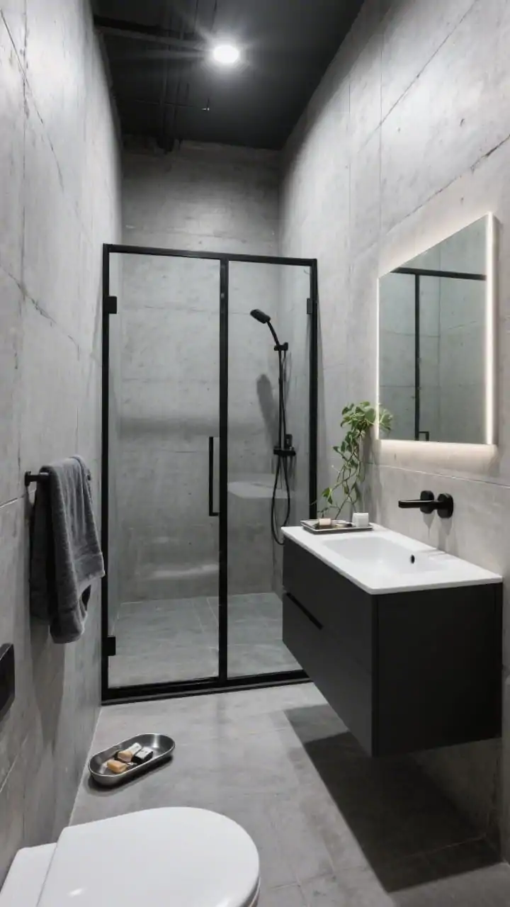 Wide shot, photorealistic: An industrial small bathroom wrapped in large concrete-look tiles across floors and walls for a seamless envelope. A black-framed glass shower box defines the space without visual bulk. Include a wall-mounted vanity with a slim profile and integrated handle, matte black hardware, and a rectangular LED mirror. Minimal decor: a charcoal towel, a steel tray with essentials, and a single trailing plant softening the edges. Urban, crisp lighting, no people.