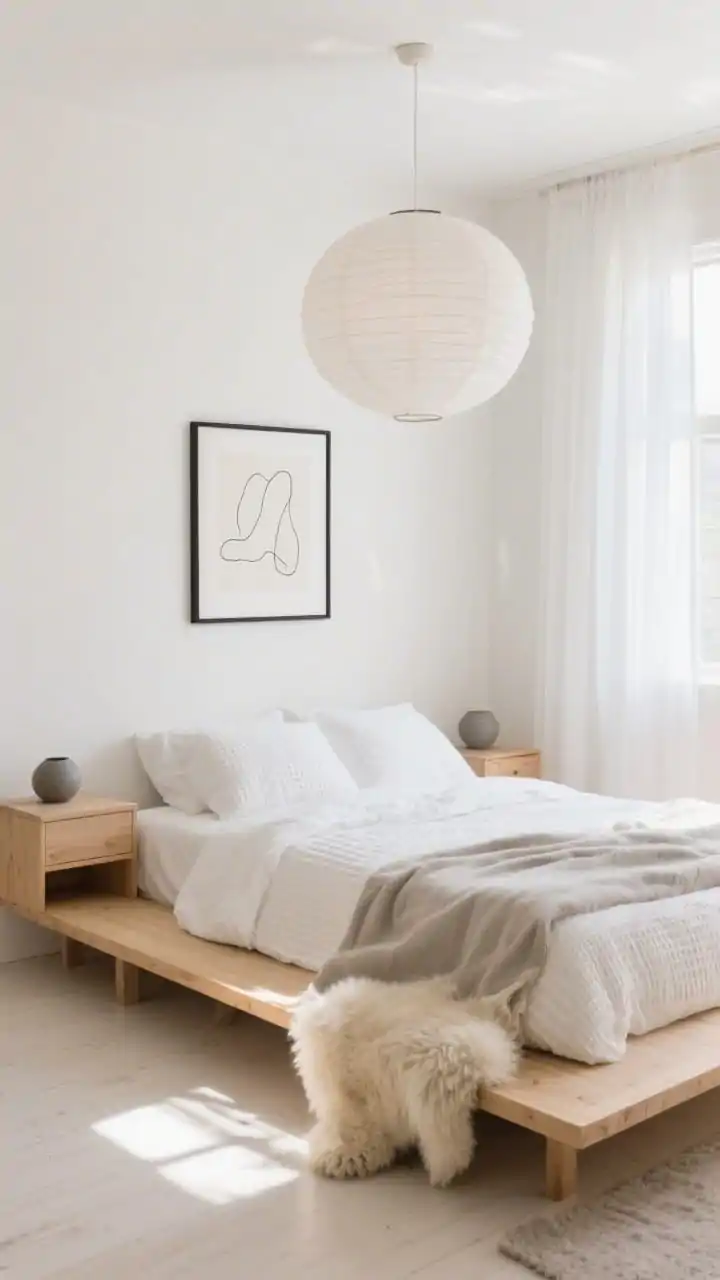 Wide shot, Scandinavian Cloud bedroom: bright natural morning light pouring through sheer white curtains, creamy white walls and bedding, warm beige and soft gray layers; a blonde wood low platform bed with a white linen duvet in light waffle texture, slim maple nightstands with matte ceramic accents, a fluffy sheepskin throw at the foot; single black-framed minimalist line drawing centered above the bed; textures of linen and wool visible; paper lantern pendant overhead; palette of white, oat, fog gray, blonde wood; photorealistic, airy, calm.