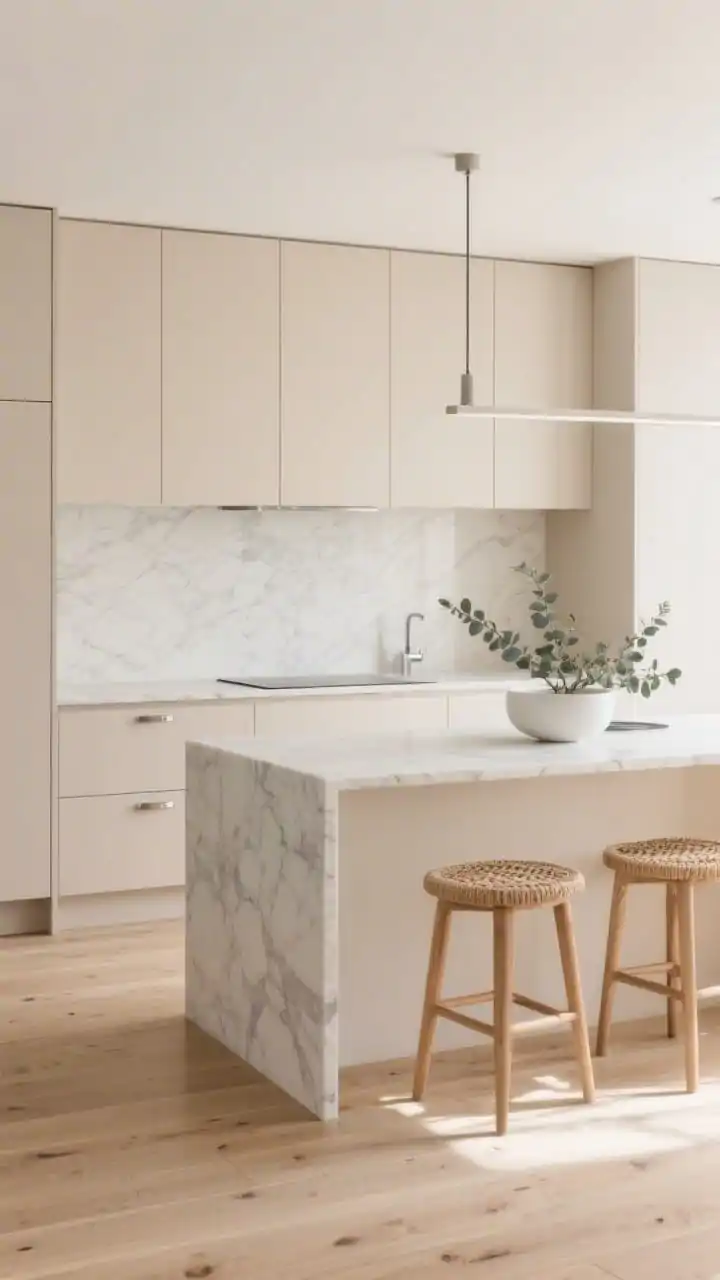 Wide shot, Scandinavian Sand kitchen: photorealistic matte beige flat-front cabinets, slim rectangular island with waterfall-edge cloudy marble countertop, soft cloudy marble backsplash fading cream to stone-gray, pale oak wide-plank floors, brushed nickel hardware, slim linear pendant over the island, two beech wood stools with woven seats, minimal styling with a single white ceramic bowl and a sprig of eucalyptus, warm natural daylight, clean lines, feather-light and fresh mood.
