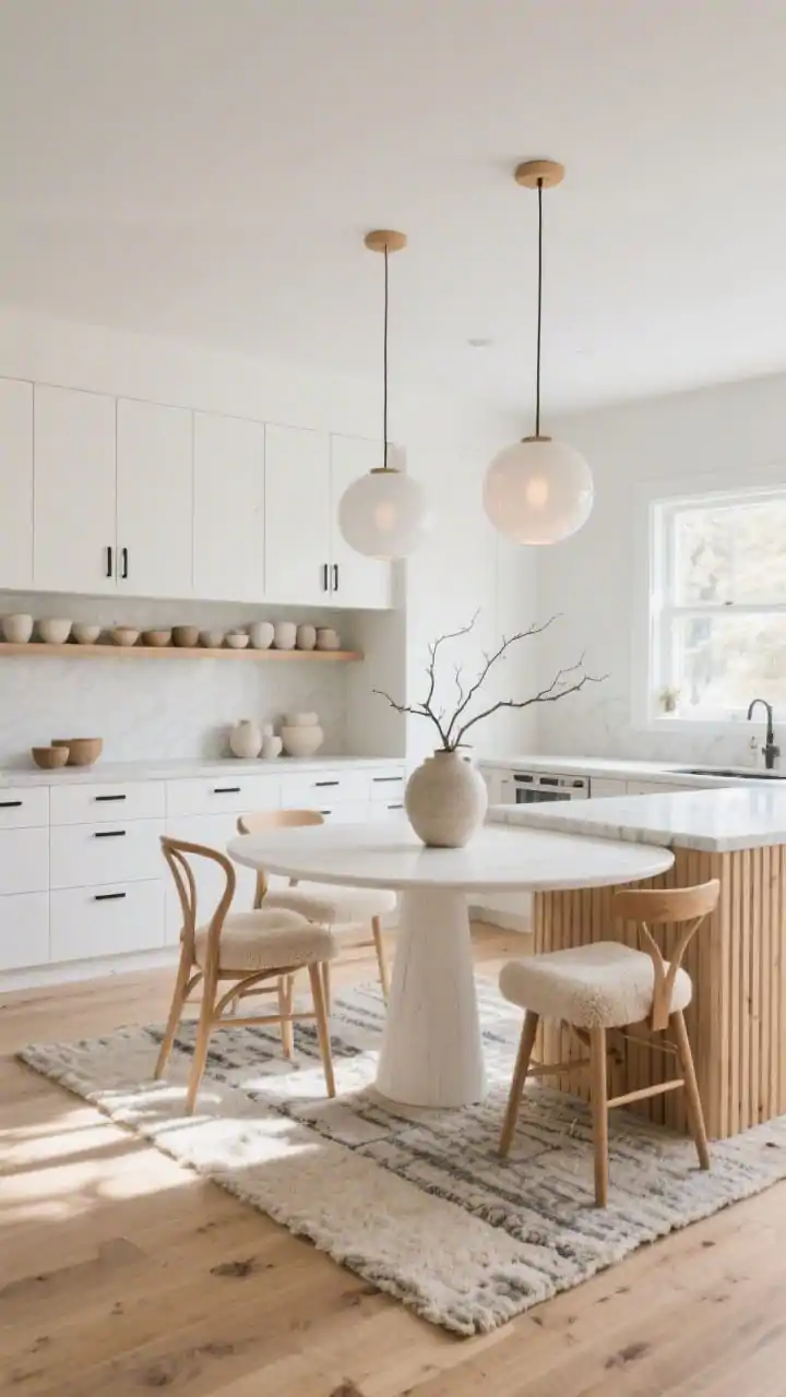 Wide shot, Scandinavian Sunlight open-concept kitchen-dining: white oak floors flowing beneath matte-white flat-panel cabinets with slim black pulls; creamy honed quartz counters; island wrapped in vertical slat wood with linen-upholstered counter stools in pale oatmeal; two understated opalescent globe pendants above; dining area with a round white-washed table, four oak wishbone chairs, a single branch in a stoneware vase; warm whites, blonde wood, soft gray palette; bouclé seat cushions and a wool flatweave rug under the dining set; a continuous wall shelf displaying neutral ceramics connects the zones; soft morning natural light, airy and minimalist, no people, photorealistic.