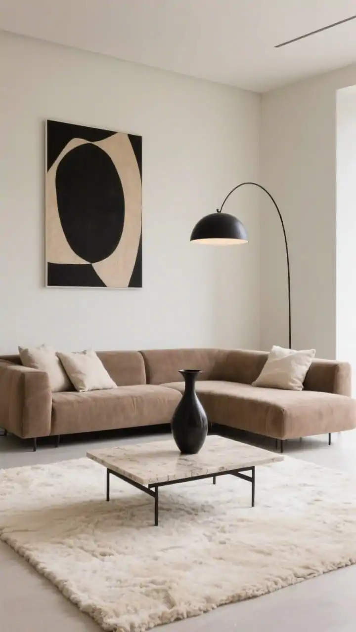Wide shot, sculptural minimalist living room: a low-profile L-shaped sectional in warm taupe performance fabric floated 12 inches off soft greige walls, thin black metal coffee table with travertine top centered on a large pale creamy loop-pile textured rug. One oversized abstract canvas in black and sand tones hangs above, arc floor lamp in matte black with an opal dome shade arcs over the seating. A single sculptural vase on the table, a couple of linen pillows on the sofa. Clean negative space, airy modern museum lounge vibe, soft daylight, straight-on perspective, photorealistic.
