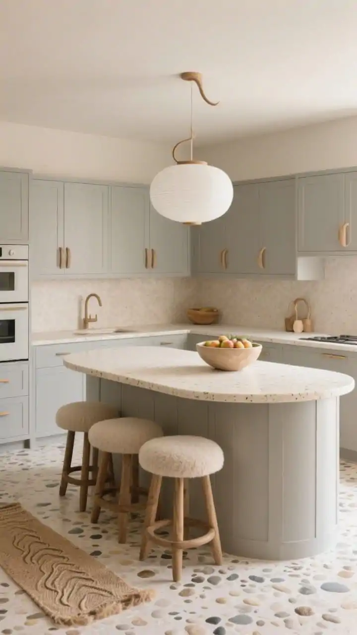 Wide shot, slightly elevated angle: A calming kitchen with pebble-gray cabinets featuring rounded corners, a curved-edge island, and countertops with a subtle bullnose in creamy quartz with tiny flecks. Linen-colored walls and a pale terrazzo floor reminiscent of river pebbles. A rounded white pendant centered above the island, curved oak handles like small sculptures. Seating includes upholstered stools in oatmeal wool-blend. Accents: a soft jute runner and a wavy-edged ceramic fruit bowl. Soft, diffuse lighting, photorealistic.