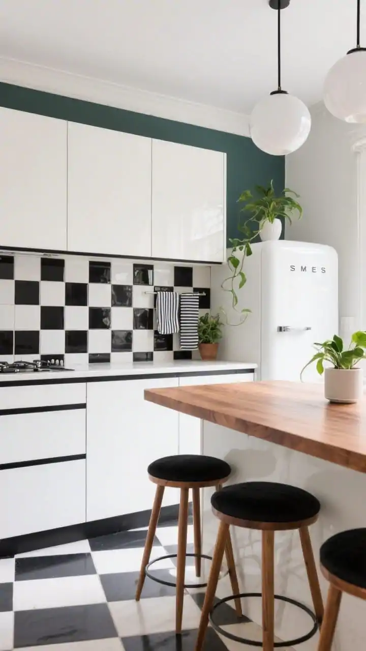 Wide shot, slightly elevated perspective: A retro-inspired kitchen showcasing a glossy black-and-white 4x4 checkerboard tile backsplash. Slab-front white cabinets on tapered mid-century wood legs, counters with a slim black edge detail, and a rounded white SMEG-style fridge. Globe pendant lights hang overhead; a warm walnut breakfast bar extends from the counter. Add a couple of plants, striped hand towels, and black seat cushions for styling. Photorealistic, bright natural light with a playful yet polished vibe.