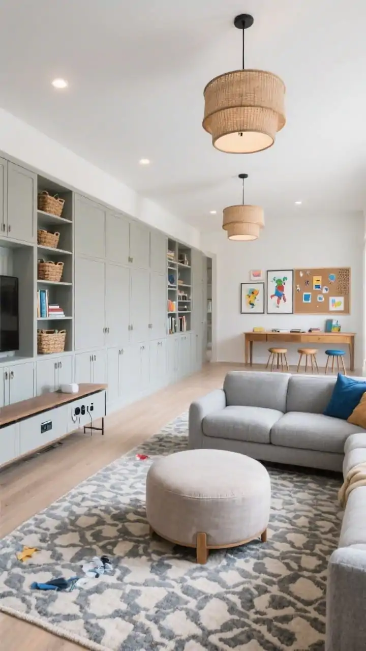 Wide shot, slightly elevated perspective of “The Family Runway”: practical long living room with a stone-colored performance sectional floated to create a clear walkway behind it. Opposite, a wall of built-ins in soft greige with closed lower cabinets and open upper shelves filled with baskets and books. Centered round upholstered ottoman with soft edges for safety on a patterned mid-tone washable rug that conceals mess. Overhead, two matching drum pendants in a row defining the runway. A slim console table behind the sofa with visible charging stations. At the far end, a homework/creative zone: narrow oak desk, pinboard, and stacking stools; framed kids’ art on the wall. Palette: greige, slate, denim blue, warm oak. Photorealistic, bright family-friendly lighting with even ambient glow.