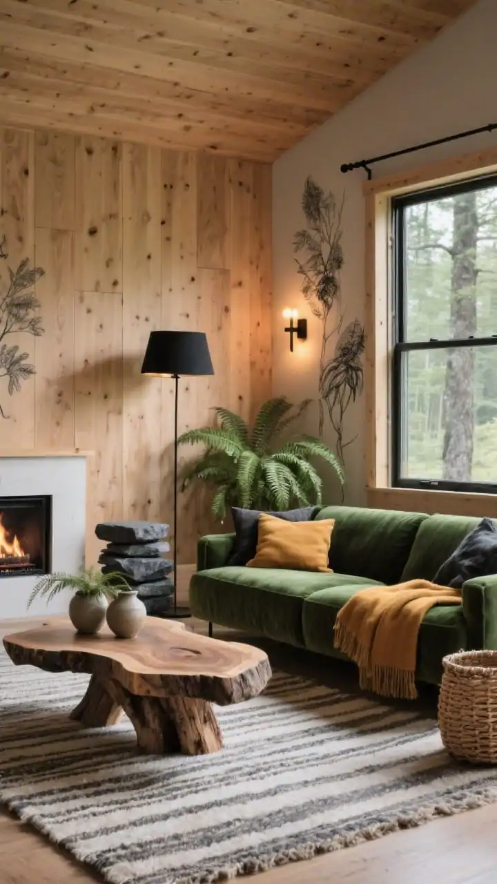 Wide shot, slightly off-center: “Forest-Edge Modern Cabin” living room with light walnut-stained wall paneling and a deep green velvet sofa as the focal point. A flatweave wool rug with subtle stripes grounds a sculptural live-edge coffee table showing organic curves. Matte black iron floor lamp and slender black curtain rods frame the windows. Layered throws in ochre and charcoal on the sofa, and stacked charcoal-toned stone side tables beside it. Botanical charcoal sketches on the wall, warm dimmable sconces creating a firelight echo. A cluster of ferns in varied ceramic planters and a woven log basket near an electric fireplace. Cozy, refined, grounded; photorealistic.