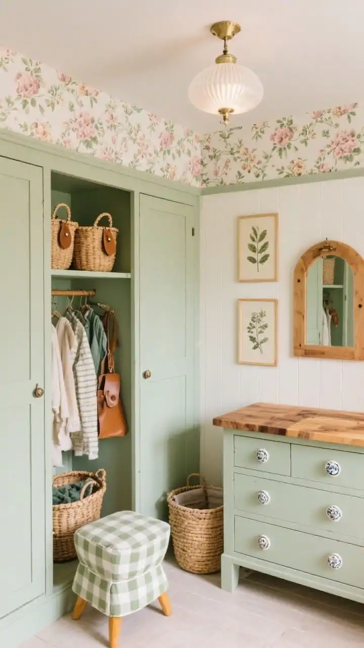 Wide shot, slightly overhead: Cottagecore charm closet with soft sage paint, shaker-style cabinets, and floral wallpaper applied only on the ceiling, drawing the eye upward. Woven baskets with leather tags organize seasonal items; a compact mini dresser topped with butcher-block provides a folding and steaming surface. Vintage ceramic knobs adorn drawers. Lighting is a fluted milk-glass flush mount giving a warm cottage glow. Decor includes pressed botanical prints on the wall and a small gingham footstool near a honey-wood accent. Colors: sage, cream, honey wood, soft rose. Photorealistic, no people.