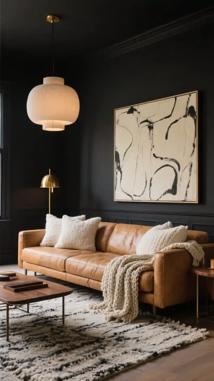 Wide shot, Soft Charcoal Sanctuary With Camel Leather And Brass: A photorealistic living room with deep charcoal (soft black) walls, a buttery camel leather sofa as the focal point, layered ivory bouclé pillows and a chunky knit throw draped over the arm. A brushed brass floor lamp glows warmly, a low-profile walnut coffee table sits on a handknotted salt-and-pepper rug, and an oversized linen-shaded pendant casts diffuse light overhead. Include oversized abstract art in cream and ink on the wall. Mood: warm, cozy, moody; palette of charcoal, camel, ivory, walnut, warm brass; straight-on view.