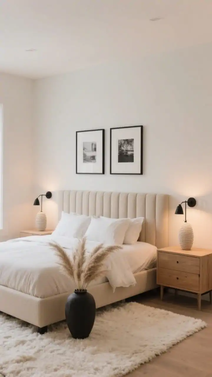 Wide shot, soft modern sanctuary bedroom: creamy warm white walls with a hint of beige, low-profile upholstered oatmeal linen bed with a channel-tufted headboard, light oak nightstands with clean lines, matte black metal reading sconces, floating frames featuring simple black-and-white photography, plush ivory wool area rug, ribbed ceramic lamps on each nightstand casting a soft glow. Color palette tightly controlled to ivory, sand, taupe with touches of matte black. Pampas grass in a matte vase atop a slim dresser. Photorealistic, evening ambient lighting with warm temperature.
