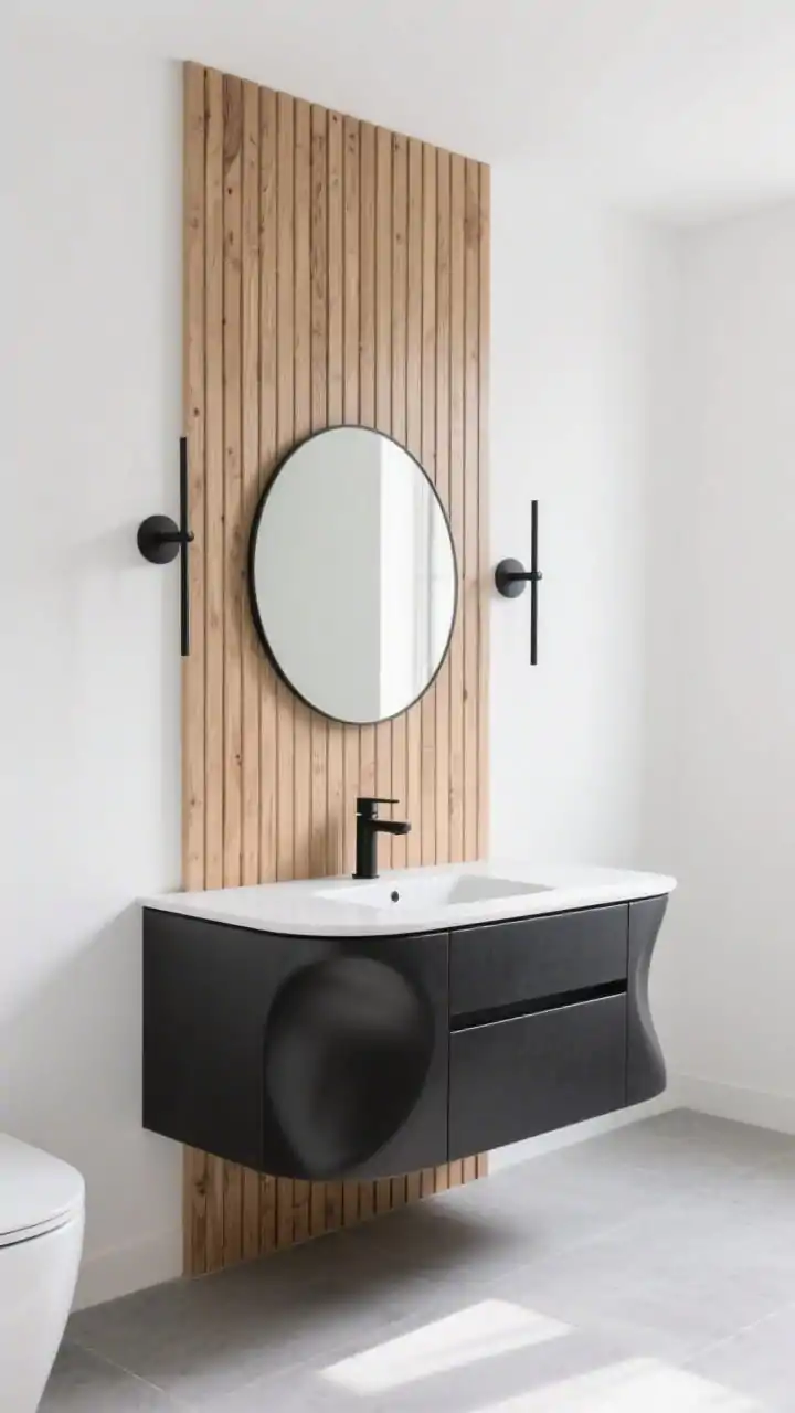 Wide shot, straight-on: A modern bathroom with matte white walls and a floating sculptural black vanity with curved edges, set against a full-height vertical oak slat panel as a backsplash. A frameless round mirror centered above, thin black sconces flanking it, and a concrete-look soft gray floor tile. Slim black pulls and a single-hole black faucet on the vanity. Bright, even natural daylight for crisp contrast; no people, photorealistic.
