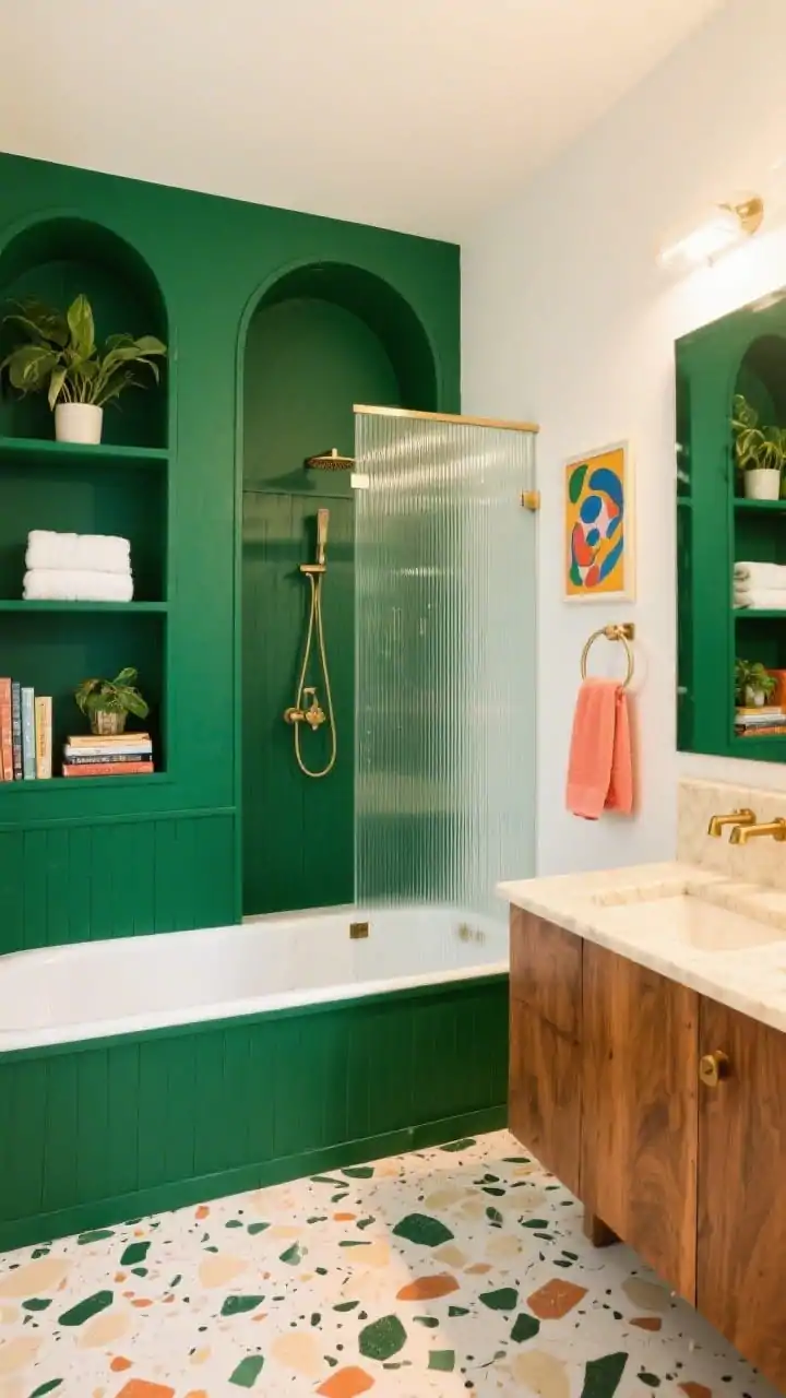 Wide shot, straight-on: Bold color block bathroom with a drop-in tub boxed into a built storage wall painted rich forest green, featuring arched cubbies styled with towels, plants, and books; remaining walls in warm white; terrazzo-look floor tile with chunky chips in greens, creams, and terracotta; ribbed glass divider subtly screening the shower end of the tub; narrow ribbed-front oak vanity with creamy quartz top; satin brass hardware for warmth, coral hand towels, and a graphic art print adding a cheeky twist; bright, punchy lighting, photorealistic.