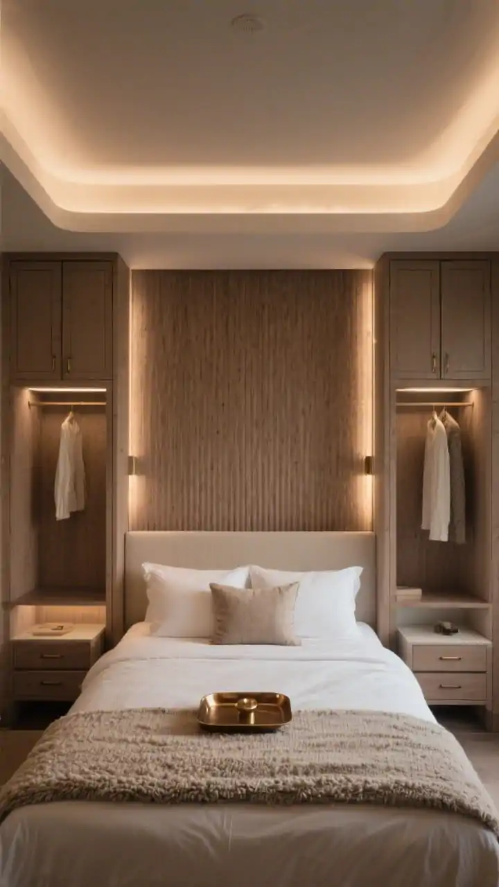 Wide shot, straight-on symmetrical view of a bed-bridge wardrobe composition: warm taupe wardrobes flanking the bed with overhead bridge cabinets featuring lift-up doors; recessed LED under-cabinet lights creating a soft halo; the center headboard wall clad in ribbed wood paneling with integrated reading lights; narrow side wardrobes functioning as nightstands with bottom drawers and hanging space above; ivory bedding with a linen lumbar pillow and boucle throw; bronze/aged brass details including a tray; serene boutique-hotel vibe, photorealistic evening ambiance.