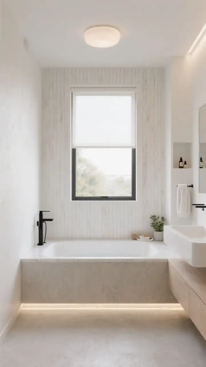 Wide shot, straight-on toward window: Scandinavian spa nook with a rectangular soaking tub dropped into a white quartz deck that extends as a window bench holding plants and bath salts; one wall clad in vertical white oak slat paneling for texture, pale greige microcement on floor and lower walls for seamless continuity; hidden LED strip glowing under the deck lip and a small opalescent flush mount overhead; palette of milky whites, oat beige, and soft gray; matte black wall-mounted tub filler and towel bar, handleless floating vanity, recessed niche above tub with essential oils; serene, minimal, photorealistic.