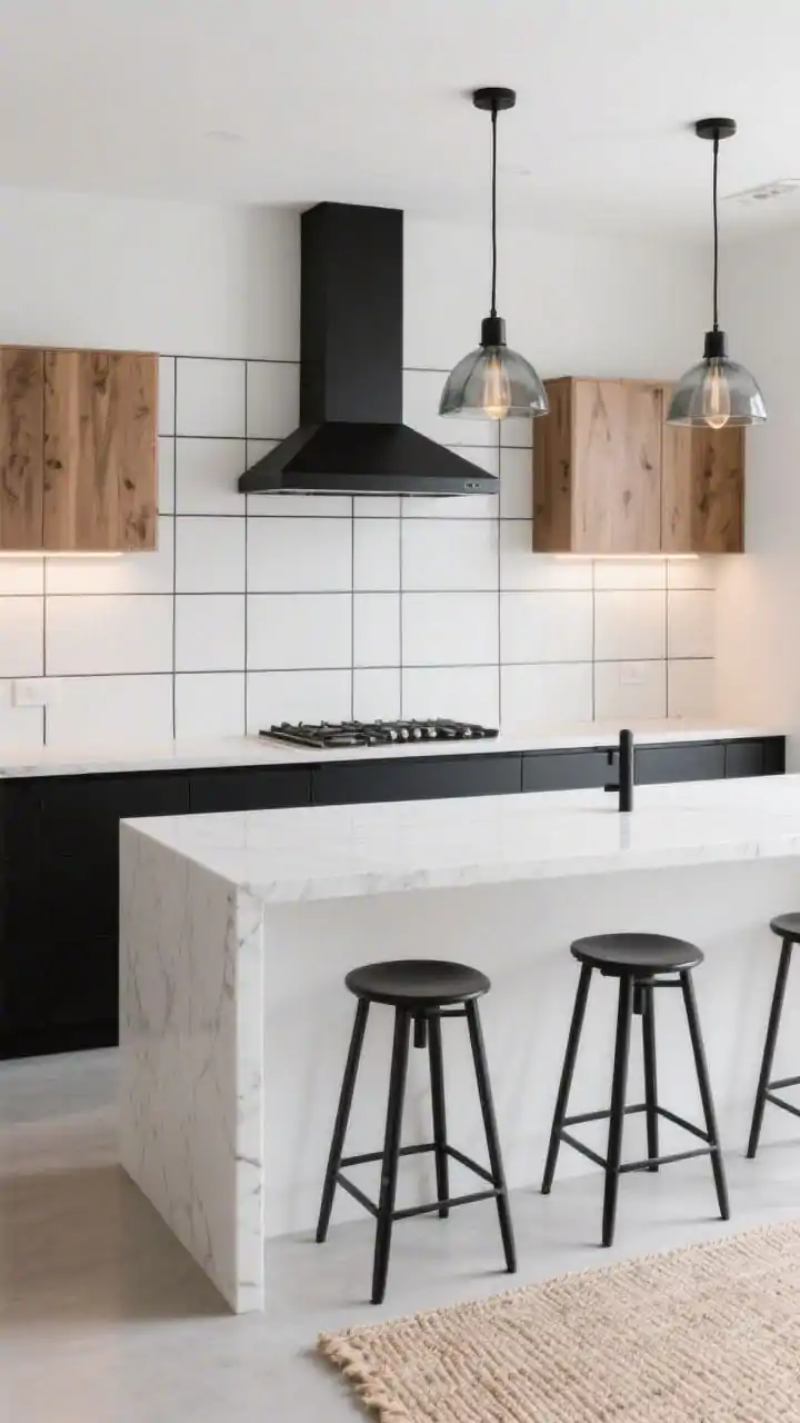 Wide shot, straight-on view: A clean modern kitchen with a full-height matte white square-tile backsplash gridded by razor-thin charcoal grout rising to the ceiling behind a simple black range hood. Lower cabinets are flat-panel matte black; upper cabinets are warm white oak. A white quartz waterfall island with slim black linear bar pulls faces the camera. Two smoky glass pendant lights hang above, casting warm LED under-cabinet glow. Black metal counter stools and a pale jute runner add texture. Photorealistic, daylight with soft shadows, minimal styling.