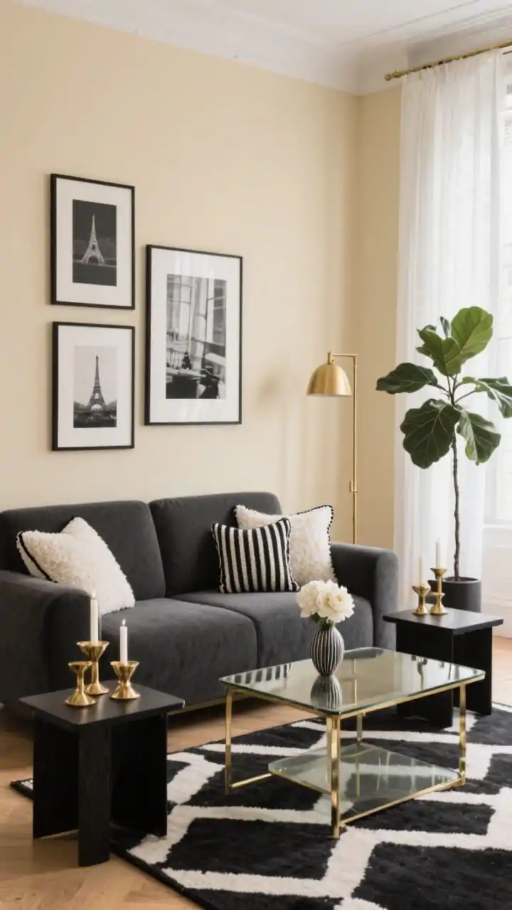 Wide shot, straight-on view: A modern Parisian black-and-white living room anchored by a dark grey sofa against warm creamy eggshell walls. Underfoot, a black-and-ivory geometric rug; a slim brass floor lamp flanks the sofa on one side with a matching twin on the other. A glass-and-brass coffee table keeps the scene airy, paired with black wood nesting side tables. On the sofa: ivory bouclé pillows with black piping and a single black-and-ivory striped lumbar. Above, oversized black-and-white photography in thin black frames. Brass candleholders and a sculptural vase with white ranunculus on the coffee table. Floor-length white linen curtains filter daylight, and a tall fiddle-leaf fig softens a corner. Bright, polished ambiance with refined brass sparkle, photorealistic.