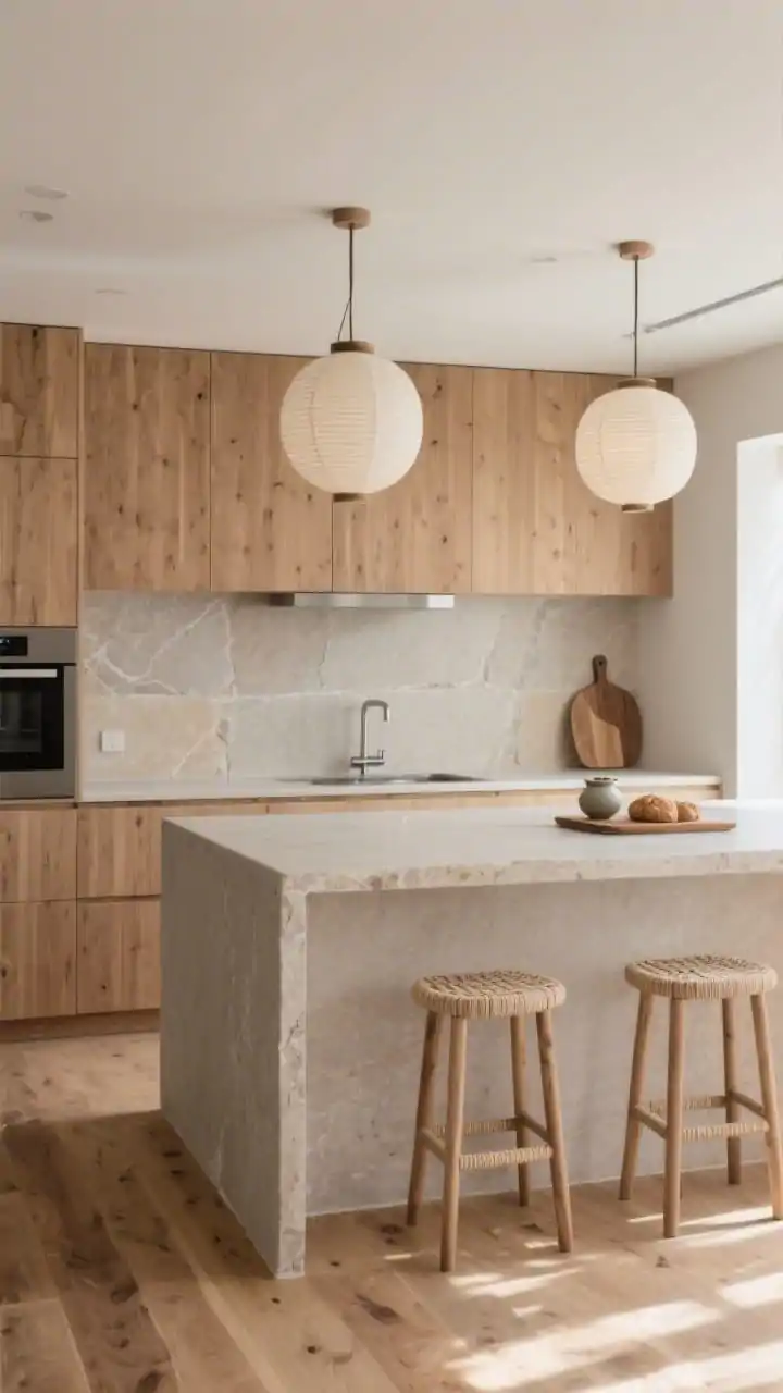Wide shot, straight-on view: A serene Japandi kitchen with ash wood flat-front cabinets and a matte limestone waterfall island, thin-slab stone backsplash continuing seamlessly from the countertop, earthy palette of pale taupe, cream, and mushroom gray. Paper lantern pendants hang above the island, low-profile brushed steel hardware nearly invisible. Wide-plank oak flooring with natural oil finish, backless oak stools with woven paper-cord seats. Minimal accents: a single ceramic tea set and a wooden bread board displayed. Soft morning natural light, photorealistic.