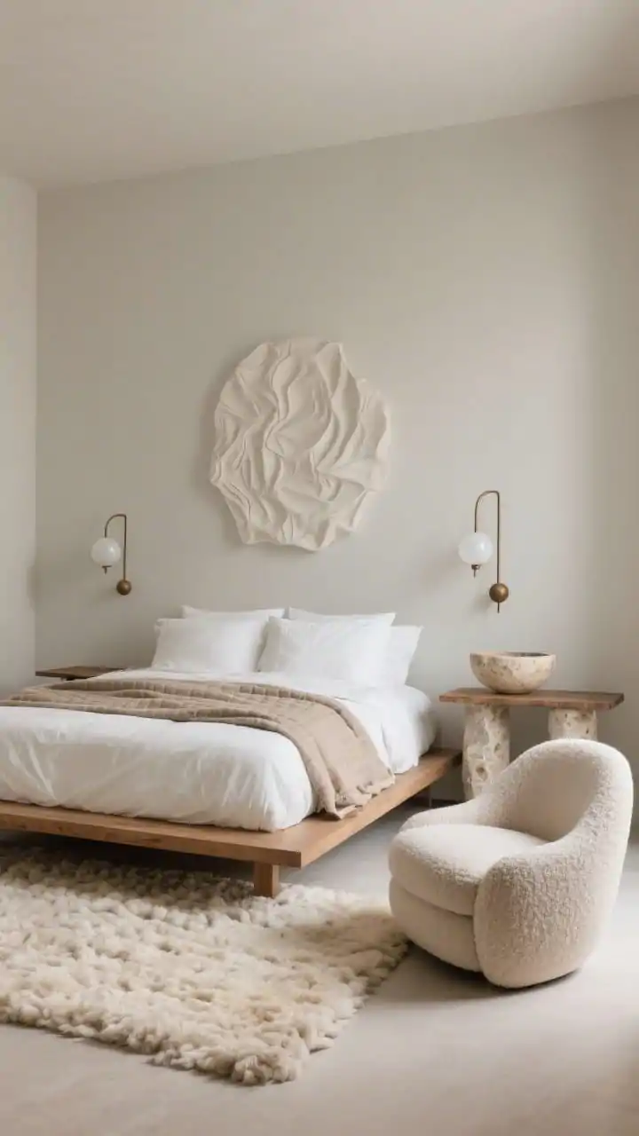 Wide shot, straight-on view: A serene sculptural minimalist bedroom with soft greige walls and a low-profile oak platform bed dressed in layered ivory linen, taupe cashmere, and a sand-toned quilt. Curved bouclé lounge chair beside paired stone pedestal nightstands. Above the bed, a single oversized plaster relief art piece. Slim bronze sconces with opal glass globes flank the headboard. A thick hand-tufted bone wool rug floats under the bed. On a narrow console, a travertine bowl as the sole accent. Soft, diffused daylight; clutter-free, warm neutral palette; photorealistic.