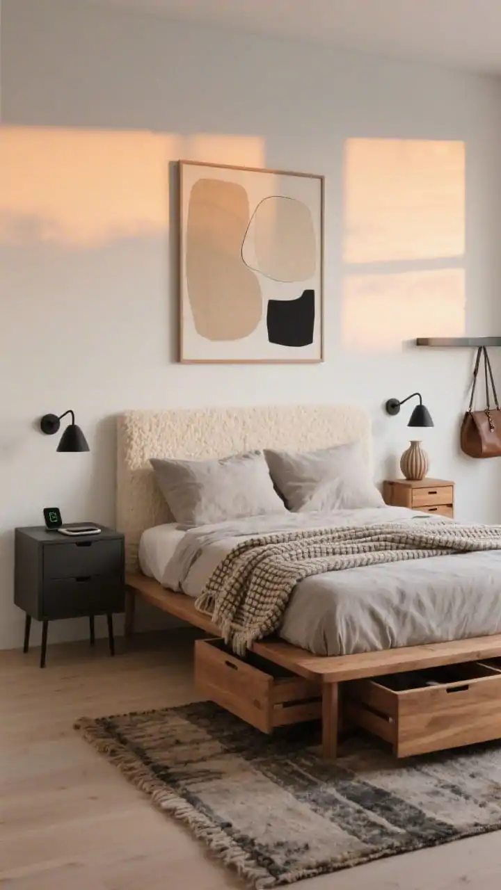Wide shot, straight-on view: A warm modern minimalist bedroom at sunset with warm white walls glowing softly, a low-profile oak platform bed featuring a creamy boucle headboard, linen duvet in stone with a waffle-knit throw folded at the foot, layered wool rug underfoot. On the left, a slim charcoal nightstand with a wireless charging tray; on the right, a fluted oak drawer stack topped with a petite vase. Matching matte black swing-arm sconces above each nightstand, a single oversized abstract art print above the bed in sand, oat, charcoal, and matte black tones. Underbed drawers slightly ajar on his side, a floating shelf rail on her side holding handbags. Photorealistic, cozy minimalism, balanced and uncluttered.