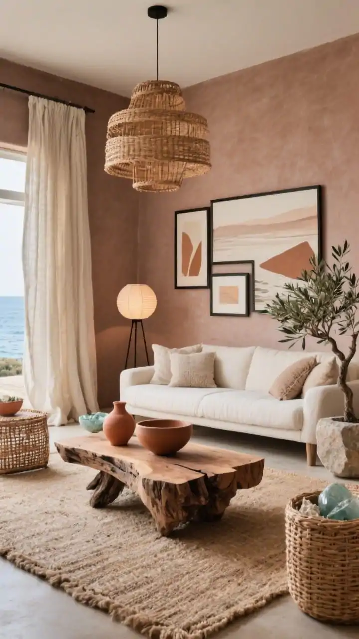 Wide shot, straight-on view: An organic modern “Coastal Clay Oasis” living room with warm taupe walls carrying a soft blush undertone, creamy textiles, and a low-profile warm-white linen sofa. Centered is a chunky oiled-oak, driftwood-like slab coffee table on a nubby jute rug. Linen curtains puddle at the floor beside woven rattan accents: a sculptural rattan pendant overhead and rattan baskets. Art on the walls features soft abstract seascapes and clay-toned geometric prints in thin black frames. Styling includes terracotta vessels, sea-glass bowls, textured throw pillows, a slim black floor lamp, a paper lantern glow, and a live olive tree in a stone planter. An oversized ceramic bowl sits on the coffee table. Breezy, tactile, calm daylight; no people, photorealistic.