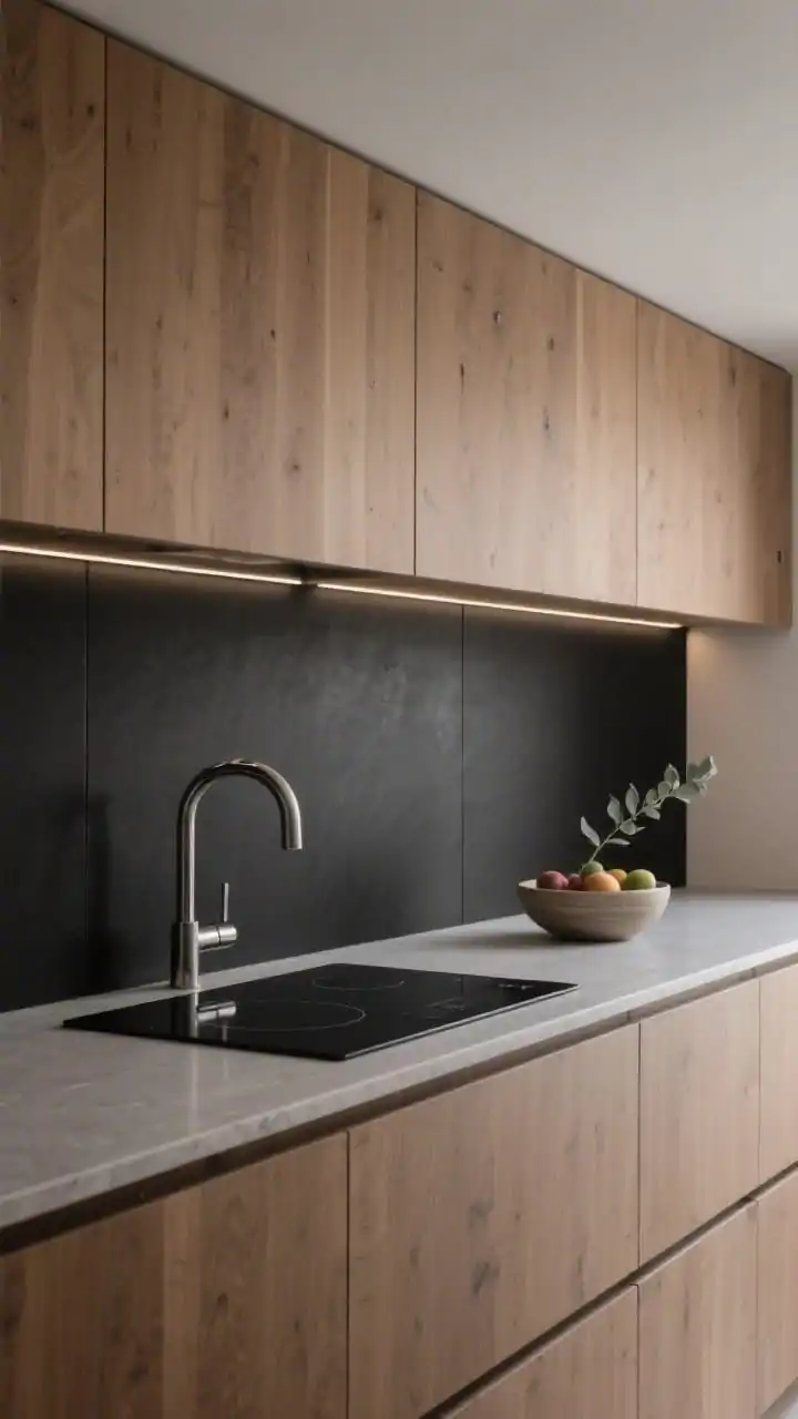 Wide shot, straight-on view of a minimalist kitchen featuring a seamless matte black slab splashback with no grout lines, flat-front honey oak cabinets with discreet integrated pulls, and light grey quartz countertops. Include a slim black induction hob, a single sculptural gooseneck tap in brushed stainless, and a continuous soft LED strip under the upper cabinets washing the black surface with a gentle glow. Style with a ceramic fruit bowl and a single eucalyptus stem for organic calm. Photorealistic, softly lit, serene, quietly luxurious.