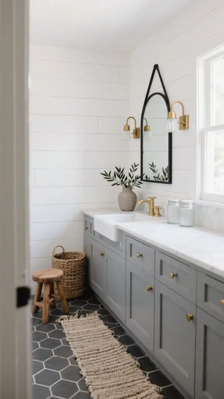 Wide shot, straight-on view of a modern farmhouse bathroom: matte white horizontal shiplap walls, a soft gray vanity with a white quartz countertop glowing in natural daylight from a nearby window, black metal pivot mirror above the sink flanked by warm brass sconces, charcoal hex tile floor with light gray grout, a vintage-style runner adding warmth, woven hamper beside a freestanding acacia stool. Styling details: olive branches in a stoneware vase, ribbed glass canisters on the counter. Photorealistic, airy yet cozy palette of brass, matte black, white, and soft gray.