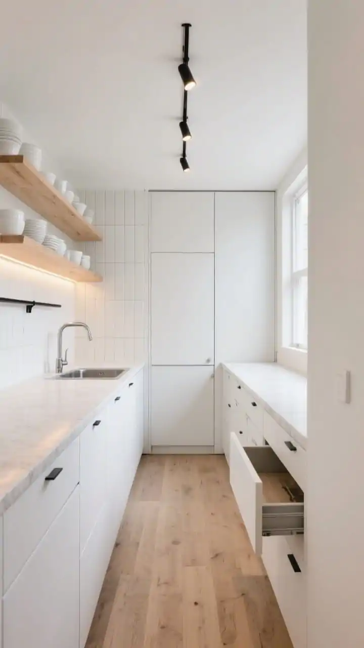 Wide shot, straight-on view of a narrow Scandinavian slimline galley kitchen flooded with natural light: matte white flat-front lower cabinets with integrated handles and deep soft-close pull-out drawers on both sides, open birch wood upper shelves displaying simple white dishes, pale quartz countertops with a pencil edge, vertical-stacked linear white subway tile backsplash, slim undermount stainless sink with brushed stainless tap, light oak plank vinyl flooring, minimalist track spot lighting on the ceiling and warm under-cabinet LED strips, subtle accent of matte black bar pulls only on a tall pantry cabinet; calm, bright, airy mood, photorealistic.