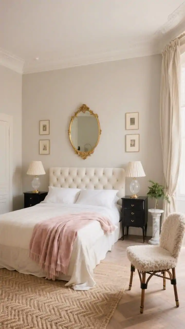Wide shot, straight-on view of a Parisian-inspired bedroom in soft, romantic neutrals: creamy greige walls, tufted ivory headboard, bone-colored linen bedding, and a pale blush velvet throw at the foot. Black lacquer nightstands with fluted milk-glass lamps and pleated shades, a petite gold-leaf mirror centered above the bed, herringbone jute rug, and a small boucle bistro-style chair. Delicate picture frames on the wall, linen curtains puddling slightly, and a petite marble pedestal plant stand in the corner. Warm, diffused daylight for a polished yet cozy mood. Photorealistic.