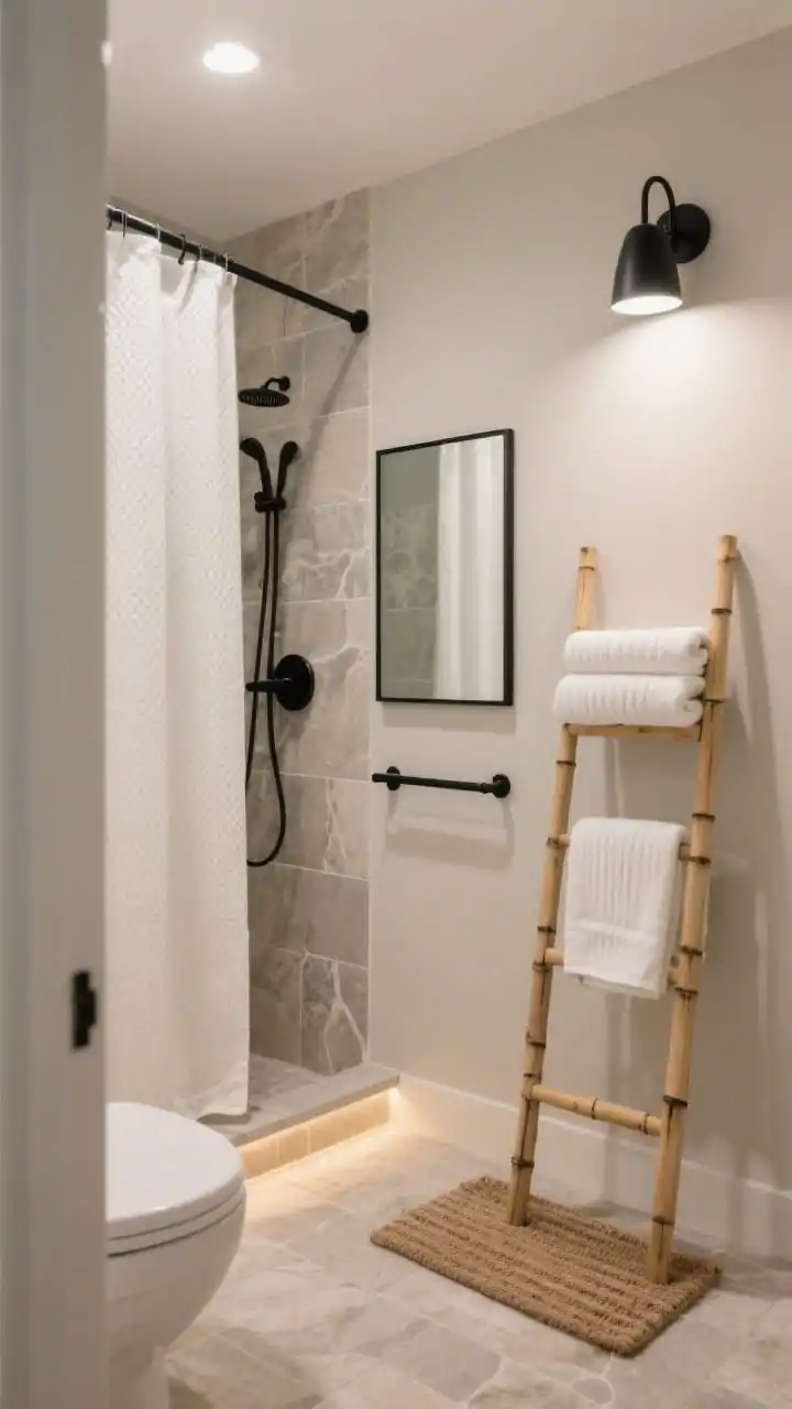 Wide shot, straight-on view of a small condo bathroom styled as Hotel-Spa Chic: a calm greige palette with oatmeal-painted walls, creamy white waffle-weave shower curtain, and stone-look peel-and-stick floor tiles; matte black faucet, matte black towel bar, and a slim black-framed mirror provide crisp contrast; ribbed white towels neatly folded on a narrow ladder shelf, bamboo bath mat underfoot; soft warm LED lighting with a subtly refreshed black spray-painted light fixture; photorealistic, serene spa mood with clean lines and minimal clutter.