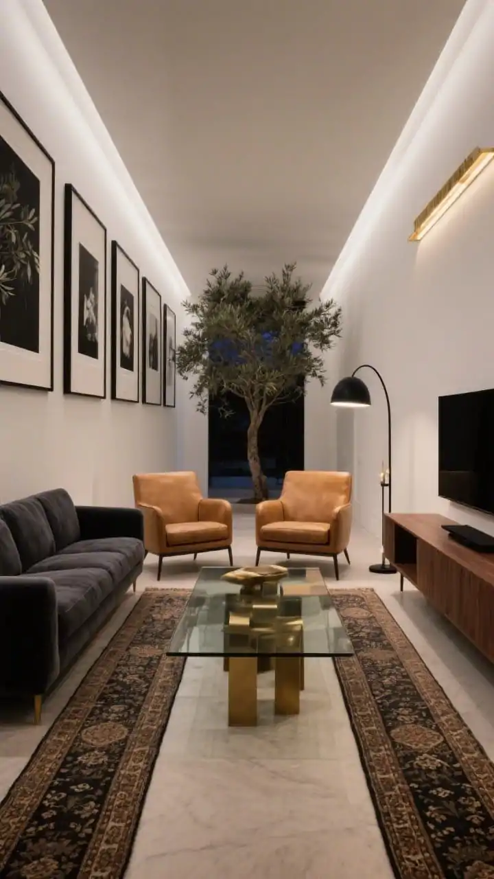 Wide shot, straight-on view of “The Gallery Carriage”: a long, tunnel-like living room with a continuous art line of black-framed artworks with soft-white mats along one long wall, anchored mid-room by a low-profile tuxedo sofa in charcoal velvet. Across from it, two camel leather club chairs sit in front of a slim walnut console acting as a divider. Floor features two identical Persian-style runners placed end to end guiding the flow. Lighting includes a linear brass picture light washing the art wall and a tall black arc floor lamp near the sofa. A floating media unit under a wall-mounted TV keeps the space airy. Centered glass-and-brass coffee table, and an oversized olive tree at the far end adds vertical height. Palette: charcoal, camel, matte black, crisp white, warm walnut. Photorealistic, evening interior with warm, focused accent lighting and gentle shadows.