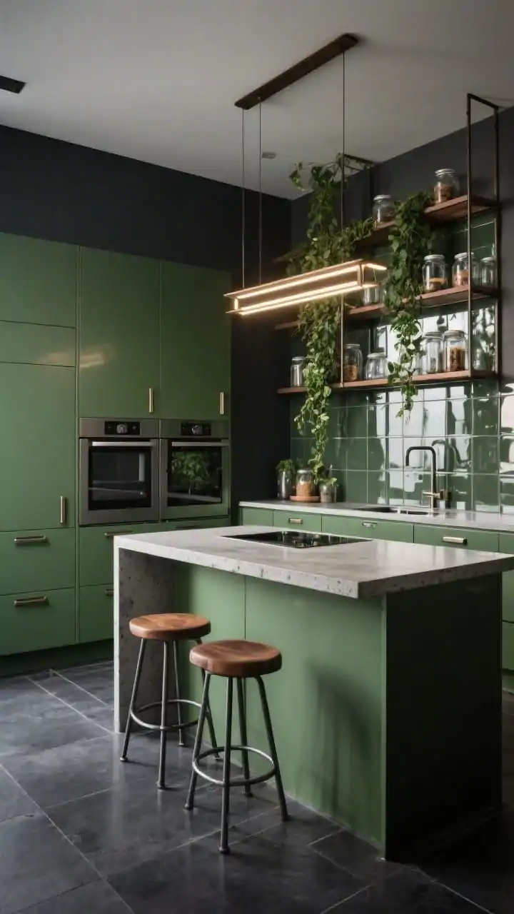 Wide shot, Urban Botanical kitchen: moss-green cabinets with integrated pulls, poured-concrete countertop, sleek reflective glass backsplash; open oil-rubbed bronze metal shelving storing glass jars and trailing ivy; appliances hidden behind matching panels; sculptural LED linear pendant centered over the work zone; charcoal large-format porcelain flooring; industrial metal stools with walnut seats; clean urban mood with balanced artificial lighting, corner angle, photorealistic.
