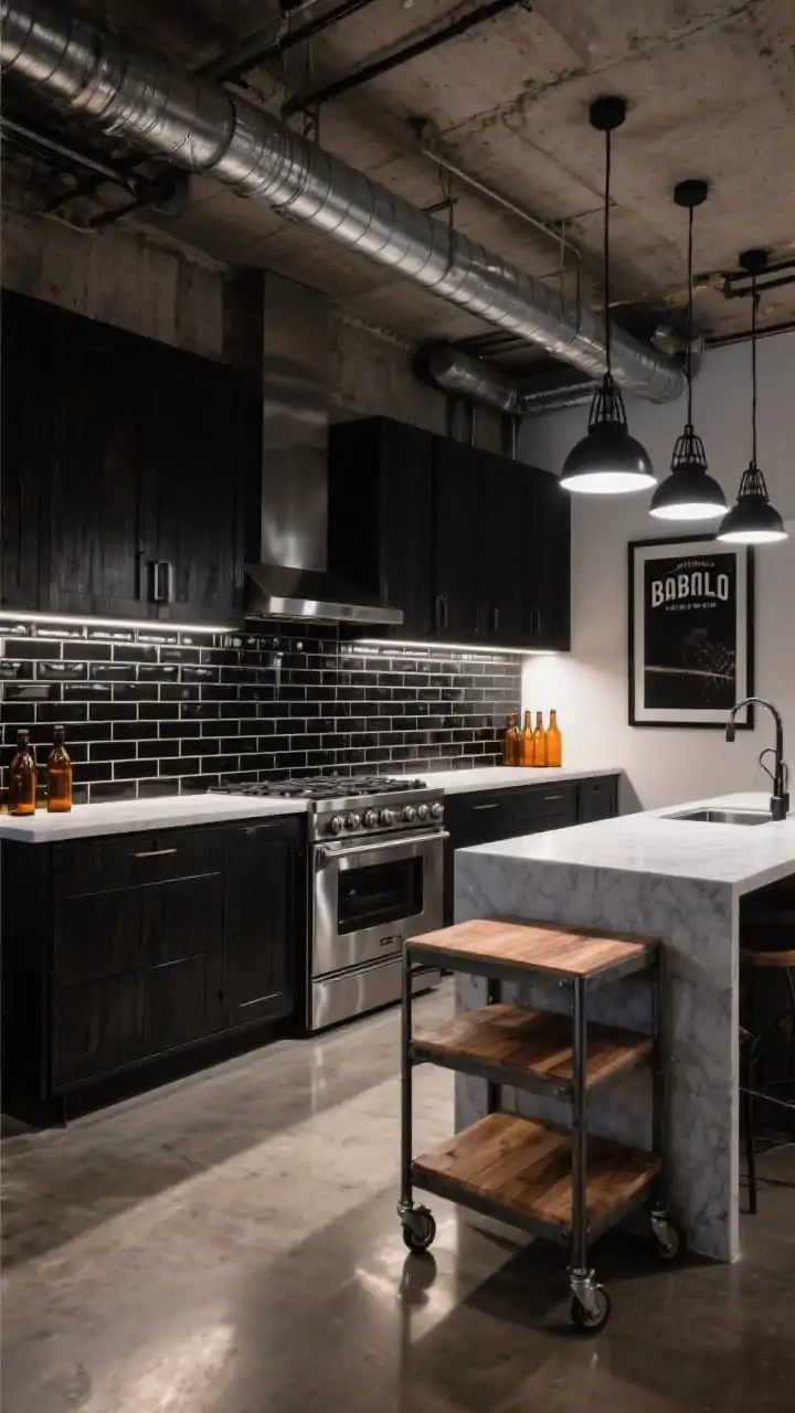 Wide shot, urban loft edge: glossy black subway tile backsplash with dark grout spanning the length of the kitchen, reflecting light; exposed ductwork and raw concrete ceiling; smoked ash cabinets in blackened steel frames; concrete-look quartz counters; a large industrial stainless range; a rolling metal cart with butcher-block top as a movable island; polished concrete floor; black cage pendants and a linear LED over the prep zone; accents: a vintage bodega sign, oversized black-framed art, amber glass bottles; energetic, gritty vibe; corner angle, evening ambient reflections, photorealistic.
