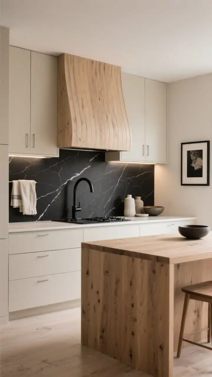 Wide shot, warm minimalist beige-black-wood kitchen: matte sand-beige flat cabinetry with no visible hardware, slim pale-oak island that reads like furniture, honed black quartz backsplash with delicate veining, arched black faucet as a focal point, low-profile fluted wood range hood, soft white under-cabinet gallery glow; styled with black-framed art, linen tea towels, and ceramic bowls; calm luxury atmosphere, photorealistic, no people.