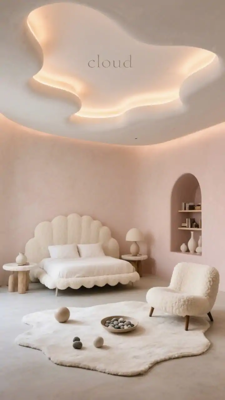 Wide, slightly elevated angle, serene space featuring a freeform “cloud” ceiling with rounded soft edges, lit from within by continuous warm LEDs; rounded bouclé headboard; scalloped-edge side tables; arched niche as a mini library; pale blush-beige walls; creamy textiles; irregular off-white rug; curvy cream boucle/sherpa accent chair; decor of ceramic spheres, pebble trays, and soft-edged vases; gentle, soothing, cloudlike ambiance.