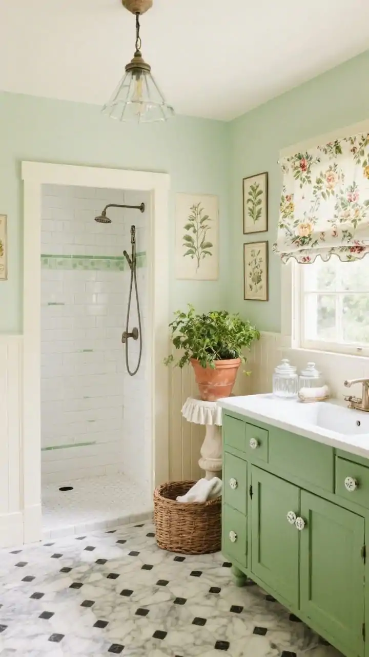 Wide, slightly elevated view of a cottage garden bath: buttercream beadboard wainscoting with soft sage paint above, painted moss green vanity with porcelain knobs and inset panel doors, schoolhouse glass pendant overhead, shower with white subway tile and soft-green grout, basketweave marble floor with small black dots. Styling: floral roman shade at the window, antique botanical prints on the sage wall, pedestal plant in a terra-cotta pot, ruffled linen hand towels and glass apothecary jars near the sink. Bright, cheerful, vintage charm.