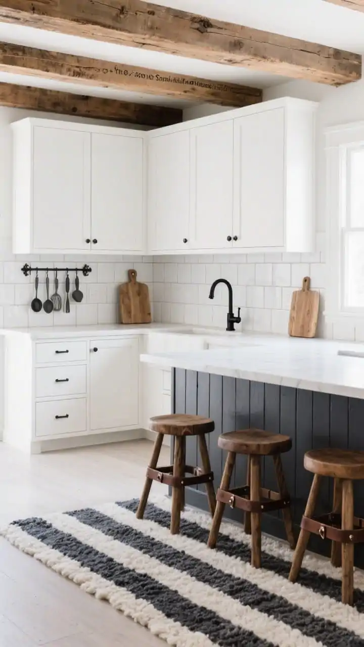 Wide “Snow + Charcoal Farmhouse”: bright white slab-front cabinets paired with a charcoal beadboard island, light counters, snow-white square tile backsplash with thick grout grid; exposed wood beam overhead, cast-iron hooks with minimal utensils, chunky cutting board; matte black faucet, black iron pulls; backless oak stools with leather straps at the island; wool runner in charcoal and cream on light floor; clean-lined Nordic rustic ambiance under soft natural daylight; no people.