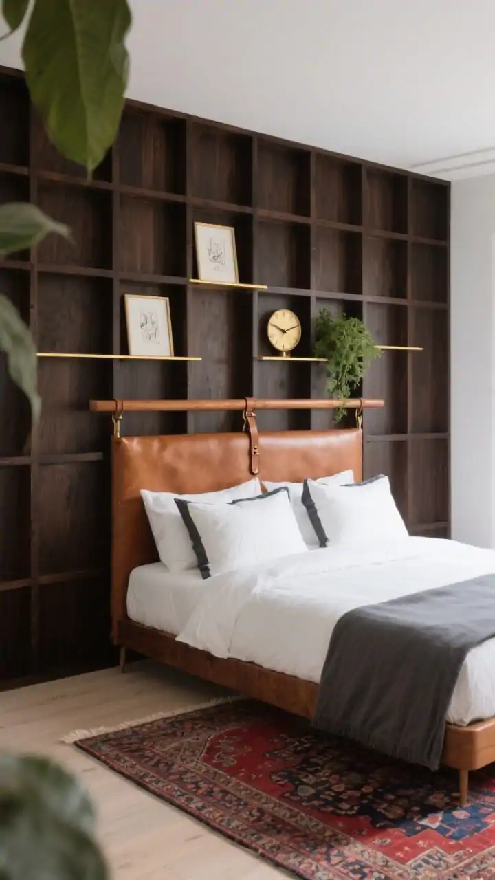 Wide, straight-on architectural shot: a dark-stained espresso wood grid on the back wall forming rectangles, with a few sections featuring slim brass shelf rails holding small framed sketches, a brass clock, and greenery. A cognac leather strap headboard hangs from a matching wood rail above the bed, creating a tailored look. Bedding is crisp white percale with slate oxford-edge pillows. A muted red-and-blue vintage Persian/flatweave rug on the floor. Balanced natural and warm artificial light.