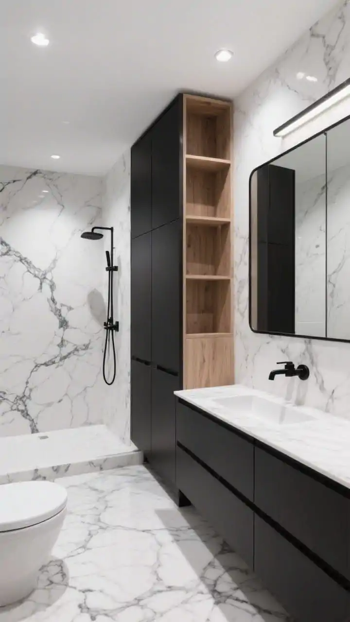 Wide, straight-on luxury scene: Monochrome bathroom with white marble surfaces featuring inky veining on the vanity counter and shower walls, contrasted by a full wall of matte black cabinetry. A tall oak storage tower with softly rounded corners and open cubbies adds warmth. A thin black-framed rectangular mirror, black wall-mounted faucet, and porcelain marble-look floors continuing the motif. Lighting: recessed spots plus a linear vanity light for crisp highlights; photorealistic.