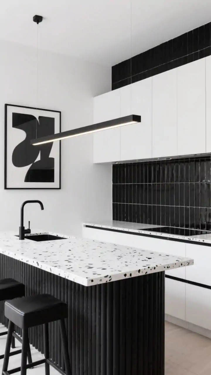 Wide, straight-on monochrome kitchen with a black ribbed tile splashback set vertically for height, framed by super-white flat cabinetry with pencil-thin black edge banding. Feature a white terrazzo counter with black and charcoal chips, a powder-coated black faucet, and black fluted island panels with sleek cube stools. Illuminate with a linear black LED bar over the island; include one oversized black-and-white abstract print on the wall. Photorealistic, bold, graphic gallery vibe.