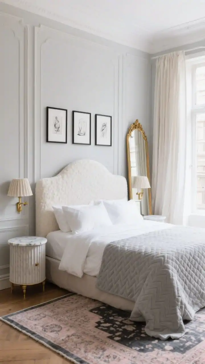 Wide straight-on Parisian chic bedroom scene: peel-and-stick picture frame molding on the headboard wall painted soft greige, curvy upholstered ivory bouclé headboard on a queen bed with crisp white bedding and a dove-gray micro herringbone quilt layered neatly. Two petite marble-topped nightstands with fluted bases flank the bed, petite pleated fabric sconces with brass arms above each. A tall antique-gold floor mirror placed opposite a window to bounce light, linen drapes in warm white hung just an inch from the ceiling, Persian-style rug in faded blush and slate tones, and a wall with a tidy gallery of black-and-white sketches in slim black frames; bright, elegant daylight, airy yet layered, photorealistic.