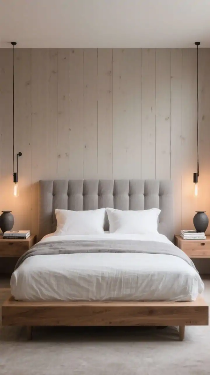Wide, straight-on photorealistic bedroom shot: a minimalist paneled wall of slim vertical wood slats painted soft taupe/greige behind a low-profile oak platform bed. An oversized channel-tufted upholstered headboard spans the width of the bed and nightstands, in soft grey linen. Crisp white bedding with a textured linen duvet, matte ceramic table lamps on nightstands, and thin black dimmable sconces with warm bulbs flank the headboard. A small stack of design books on one nightstand. Palette: taupe, warm white, soft grey. Evening ambience with warm, soft lighting.