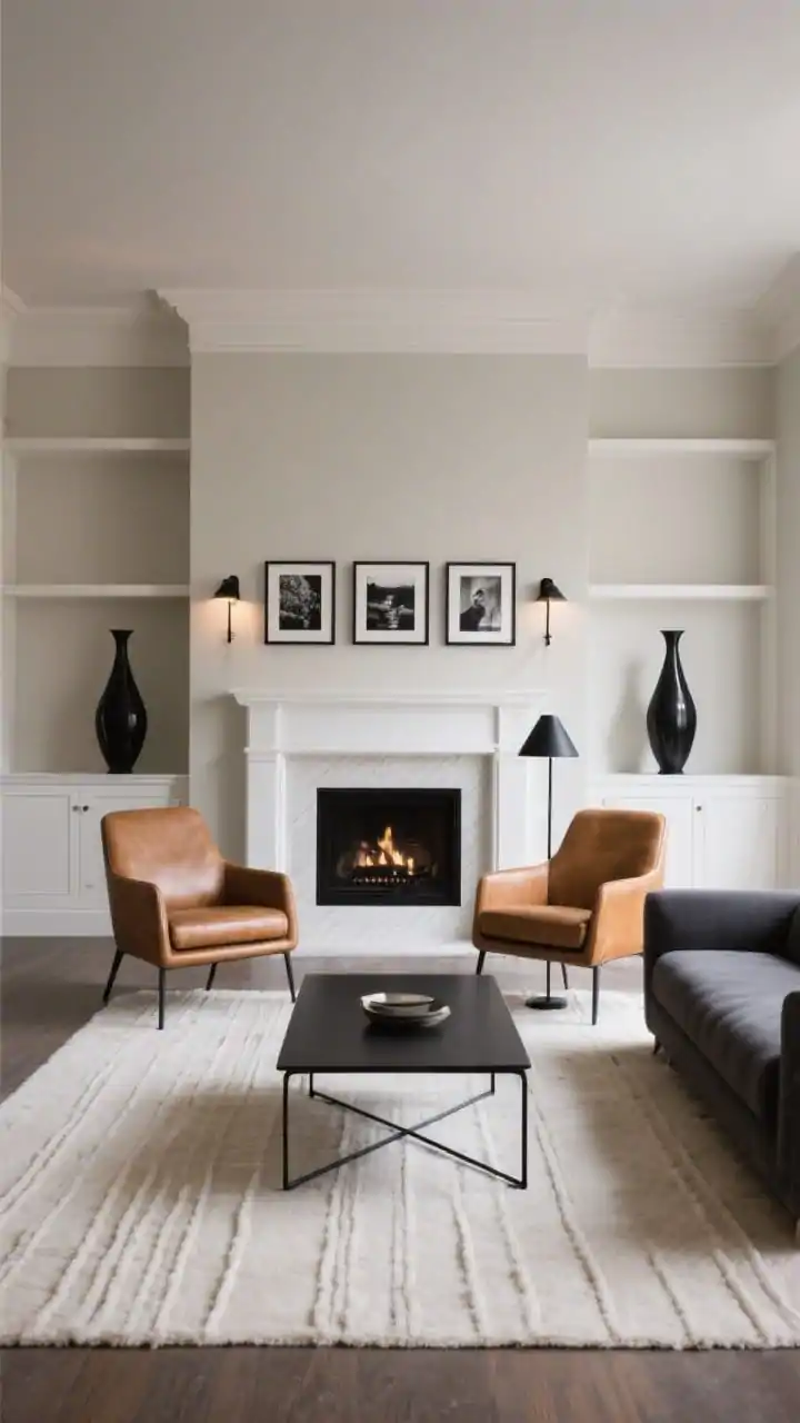 Wide, straight-on room shot of a modern symmetrical living room centered on a white-painted mantel against a soft greige wall, flanked by twin built-ins styled with sculptural vases and matte black frames; a low-profile charcoal sofa faces the fireplace, mirrored by two tailored camel leather armchairs; a thin black metal coffee table over a linear cream wool rug; above the mantel, a triptych of black-and-white photography; sleek cone sconces on either side of the fireplace and a slender black floor lamp beside one chair; palette of greige, charcoal, camel, matte black, and clean white; crisp, balanced, minimal, photorealistic with soft evening ambient light.