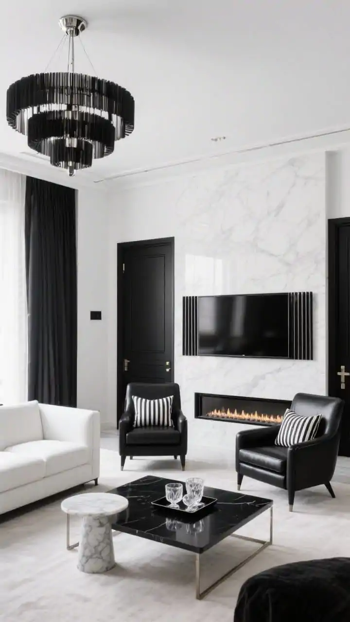 Wide, straight-on shot, Sleek Hotel-Inspired Suite: A polished living room with white walls and black paneled doors; a white tuxedo-style sofa faces two black leather club chairs; a marble pedestal side table between chairs; a linear black fireplace or sleek electric insert beneath a wall-mounted TV framed by narrow black slats; pinstripe pillows, a black tray with cut crystal glasses on the coffee table; a sculptural black chandelier overhead; chrome or gunmetal hardware and tailored drapery finishing the scene; crisp white, polished black, cool marble; clean, refined lighting; photorealistic.