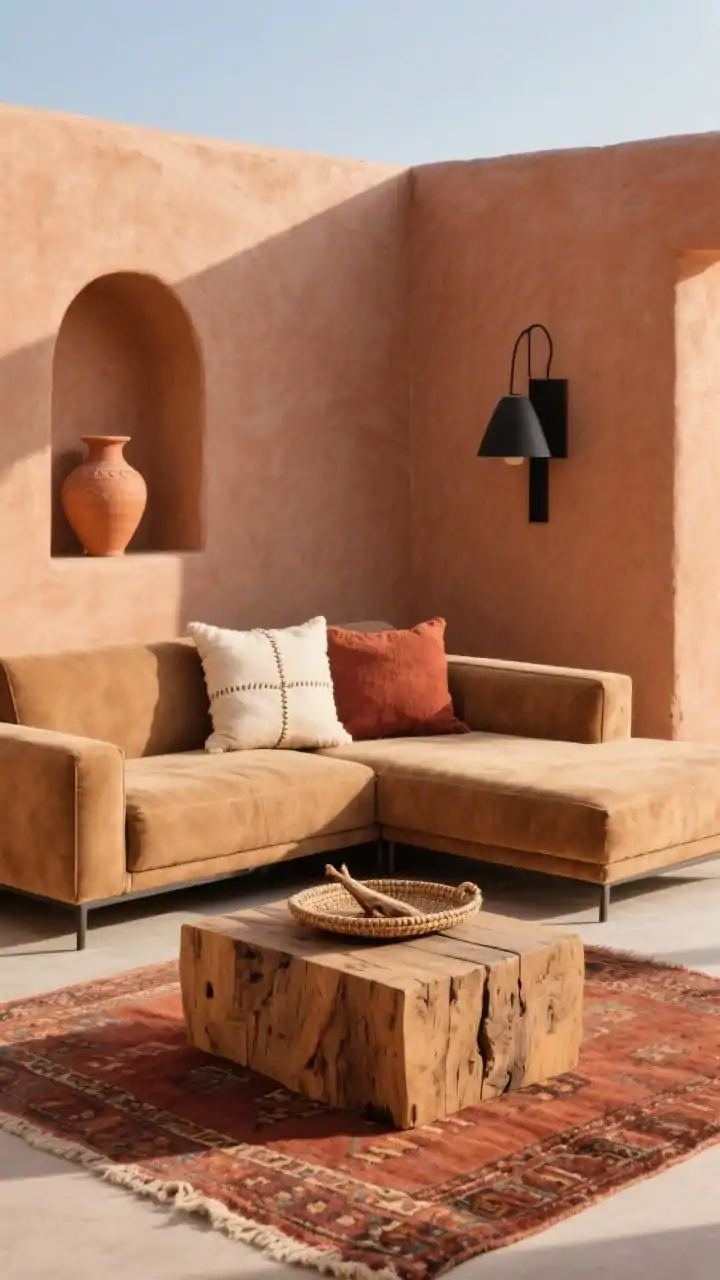 Wide, straight-on view of a desert modern den drenched in warm afternoon light: camel-colored microfiber sectional with sleek track arms and a reversible chaise sits atop a rust-toned Moroccan-style rug. Walls in warm clay with a single arched niche displaying terracotta pottery. Centered chunky reclaimed-wood block coffee table, perfectly imperfect grain visible. A matte-black sculptural sconce punctuates one wall. Layered accents: nubby throw pillows in bone and rust, a cream lumbar with stitched details, and a woven tray with palo santo on the table. Materials: microfiber, raw wood, terracotta, iron. Grounded, sun-kissed, photorealistic.