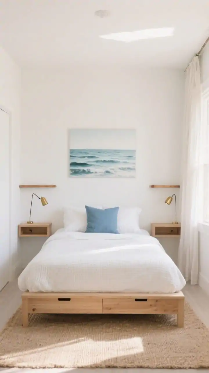 Wide, straight-on view of a small coastal minimal bedroom: soft white warm-toned walls, low-profile queen platform bed in light oak with crisp white waffle-textured linen bedding, pale sand jute rug, a single long watercolor-blue lumbar pillow, wall-mounted oak shelves as nightstands, slim plug-in swing-arm sconces in brushed brass, one oversized ocean print centered above the bed, shallow underbed drawers slightly pulled out, breezy sheer curtains hung high to elongate the ceiling; bright morning natural light, airy and uncluttered seaside mood, photorealistic.