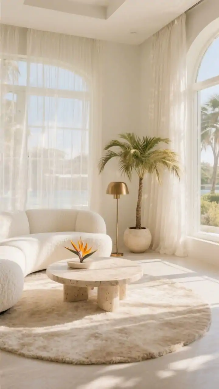 Wide sun-drenched corner: curved, cloud-like sectional in ivory bouclé nestled facing large windows. Round travertine coffee table, pale oatmeal wool rug underfoot. Floor-to-ceiling sheer drapes filtering abundant natural light, slim bronze floor lamp near the arm. Potted palm or bird of paradise adding height. Accent palette of sand, ivory, latte, soft gold. Bright, resort-modern calm, soft morning light beams, corner perspective, photorealistic.