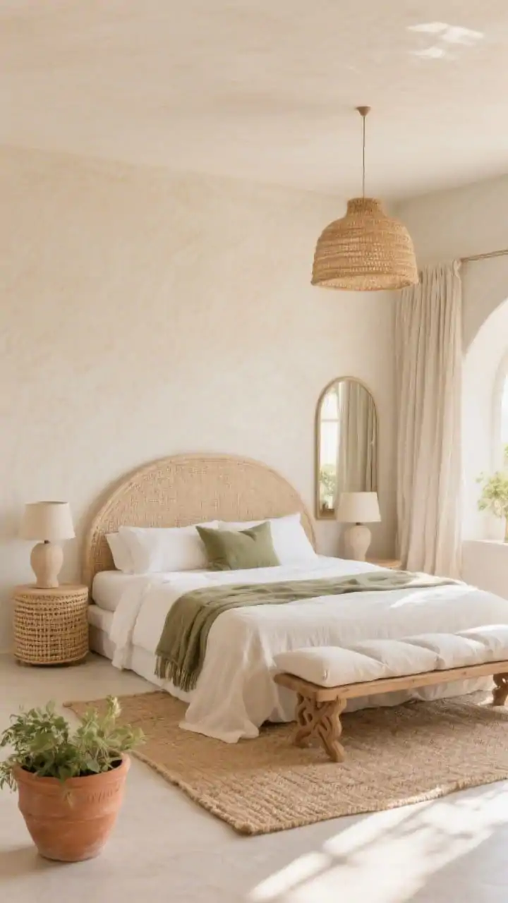 Wide, sun-washed Mediterranean neutral retreat: curved natural linen headboard set against a soft beige stucco-inspired wall finish; plaster-look bedside lamps, linen drapes, and an arched mirror reflecting light; bed layered with a cotton gauze bedspread, a whisper of olive-toned accents in a throw and cushion; woven jute rug, carved wood bench with simple linen cushions; terracotta planter with greenery; woven raffia pendant overhead filtering warm daylight; sand, almond, ivory, olive whisper palette; airy, coastal warmth, photorealistic.