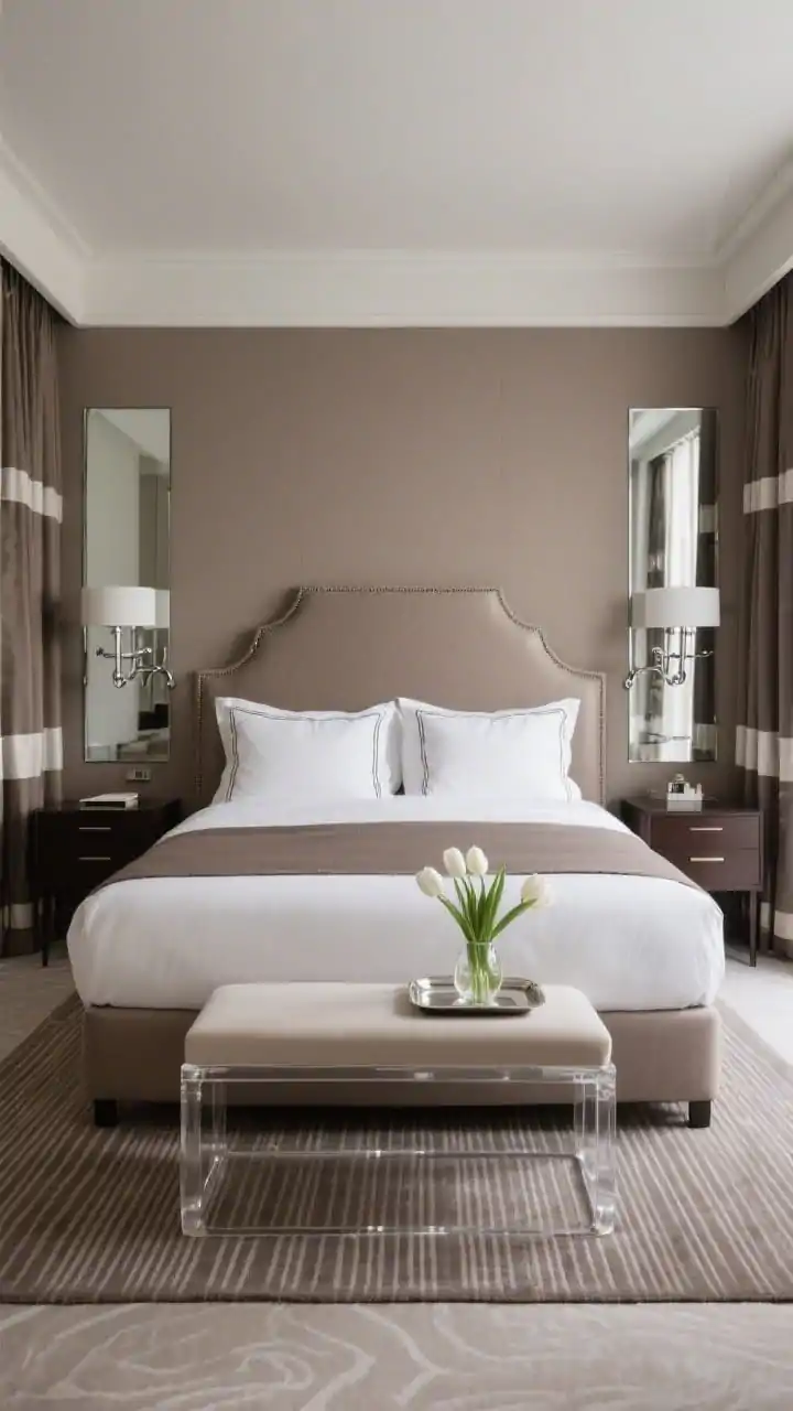 Wide, symmetrical hotel-chic bedroom in taupe and chrome: taupe walls with a wingback upholstered headboard, crisp white sheets, taupe sateen duvet, and double-flange shams neatly arranged. Polished chrome swing-arm sconces flanking the bed, smoked mirror tray atop dark espresso nightstands, and a clear lucite bench at the foot. Pinstripe wool rug anchoring the space, blackout drapes with contrast banding, and a small vase of white tulips on the tray. Even, refined ambient lighting like a five-star suite. Photorealistic.
