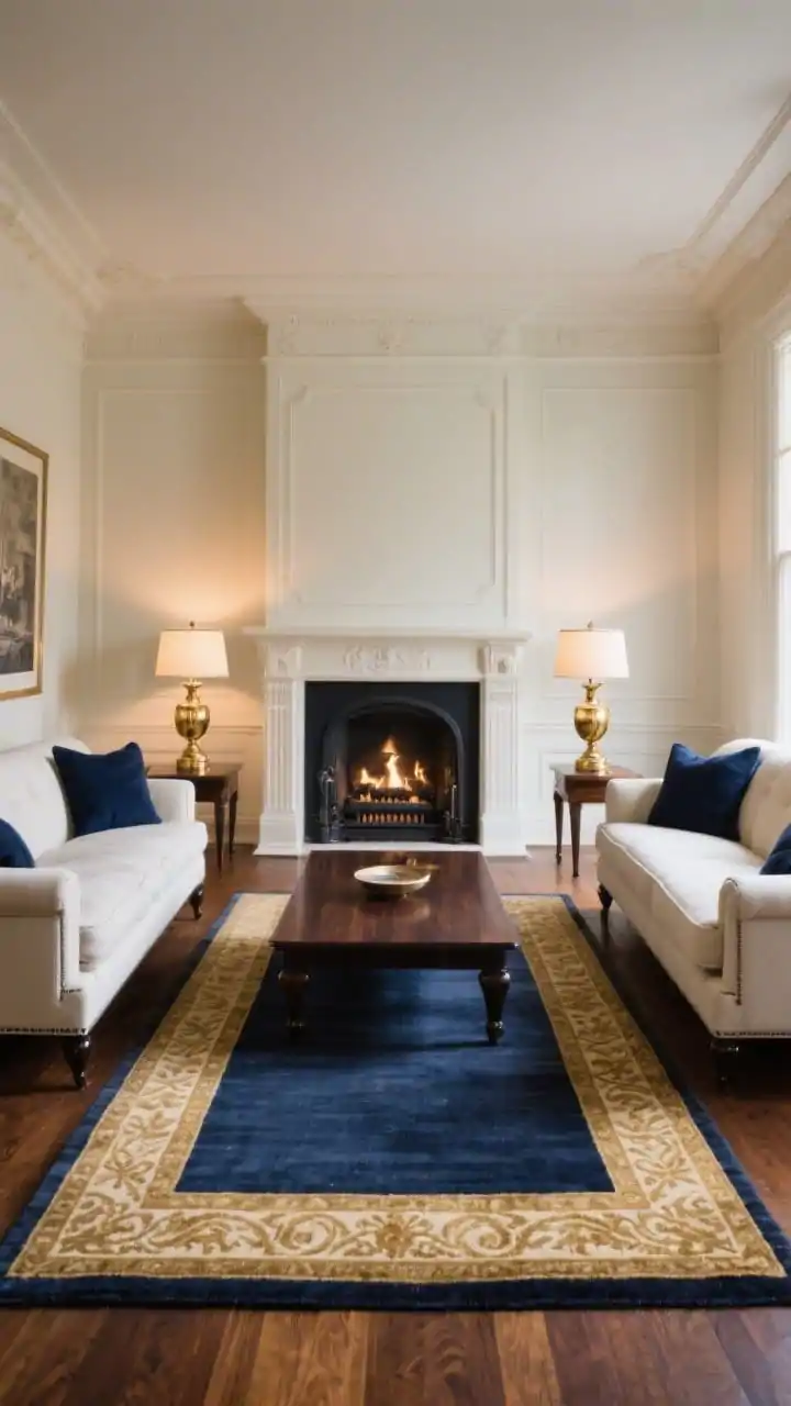 Wide, symmetrical shot of a classic formal seating arrangement: rectangular wool rug perfectly framing two matching sofas facing each other with all front legs on the rug; dark wood coffee table centered; traditional fireplace mantle in view, twin brass floor lamps flanking; palette of navy, ivory, espresso wood, antique gold; rug has a classic border pattern emphasizing symmetry; warm layered ambient lighting for a timeless, tailored mood, photorealistic.